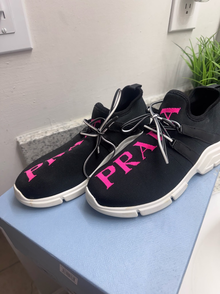 Prada Black Knit Slip-On Sneakers With Pink Logo!